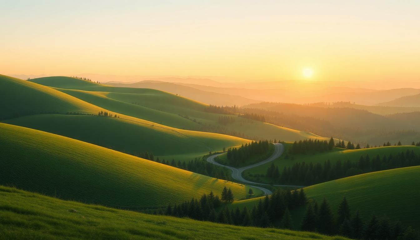 A winding path through rolling green hills at sunrise